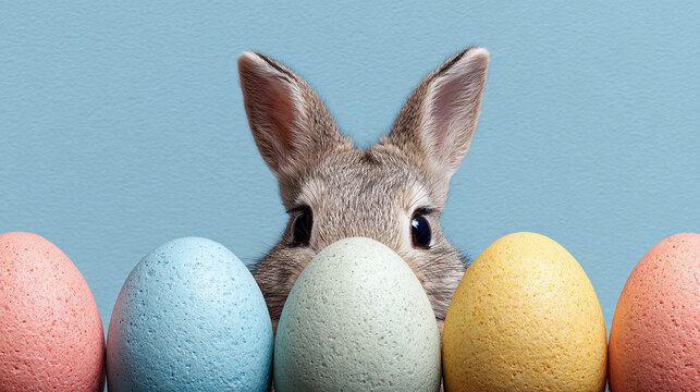 Cute baby bunny peeks out from behind colorful easter eggs on a bright blue background.
