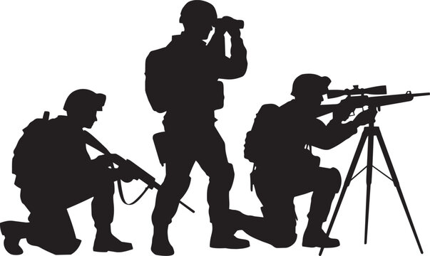 Special forces military tactical team silhouette vector illustration with soldiers using sniper rifles and binoculars for reconnaissance mission and modern combat operations,