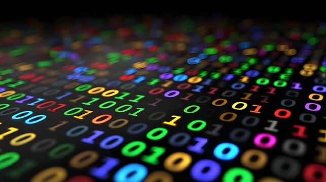 Abstract background featuring vibrant colorful binary code digits glowing brightly with a shallow depth of field and soft out of focus bokeh lights