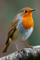 Fototapeta premium Detailed close-up of a European Robin with a vibrant orange breast perched on a tree branch.