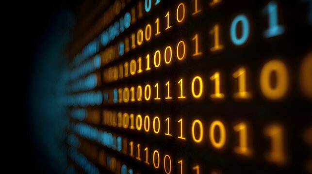 Abstract glowing binary code in blue and orange hues with subtle reflections on a dark background representing technology and digital data