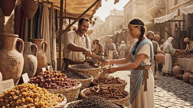 Merchant sells spices to woman in bustling ancient historical marketplace