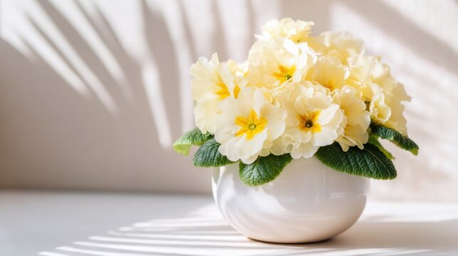 Close up of primroses in white pot with shadows and sunlight