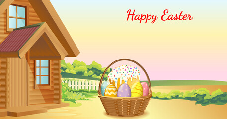 Easter horizontal vector illustration with Easter cake with colorful eggs in a basket and a wooden house in a spring garden and copy space for text.