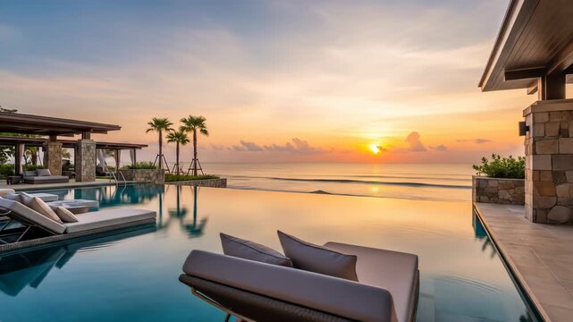 A serene infinity pool overlooks a vibrant sunset over calm waters