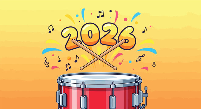 Vibrant red drum set against an orange gradient background with 2026 confetti and music notes celebrating New Year