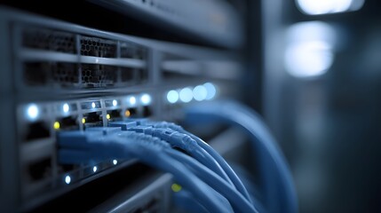 Fototapeta premium Blue network cables connected to an illuminated server switch in a modern technology environment