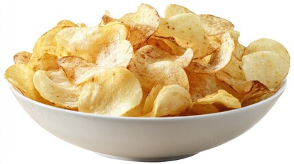 Close up of golden potato chips overflowing from a white bowl