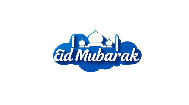 Eid Mubarak Blue Cloud Logo with Mosque Silhouette Islamic Vector Design