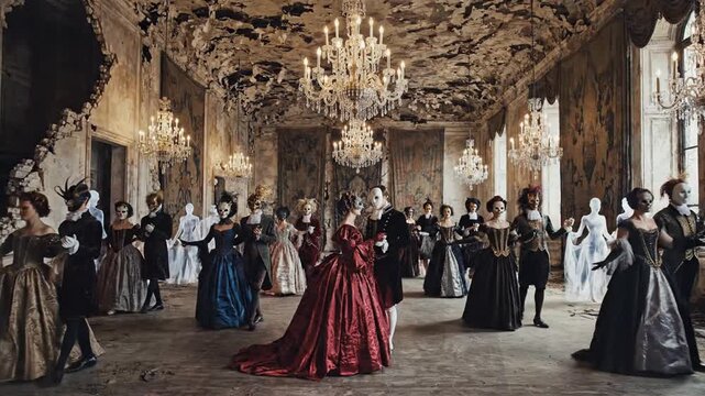 Masked figures dance in dilapidated ballroom with chandeliers and ghosts