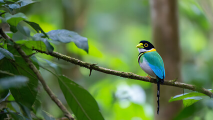 Obraz premium Long Tailed Broadbill Bird Perched on a Branch in Lush Green Forest.