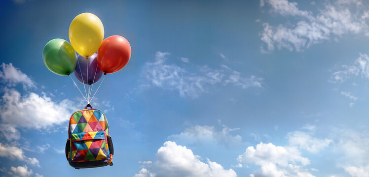 Cartable color&eacute; dans le ciel bleu avec des ballons d'h&eacute;lium, et espace vide pour du texte. Rentr&eacute;e scolaire, c'est la rentr&eacute;e ! 