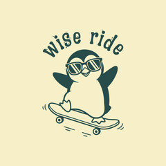 Cute cartoon penguin wearing sunglasses riding a skateboard with the text Wise Ride. © Logo