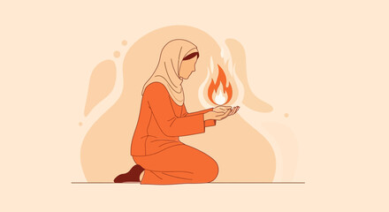 Faithful Woman Holding A Sacred Flame in Prayerful Pose