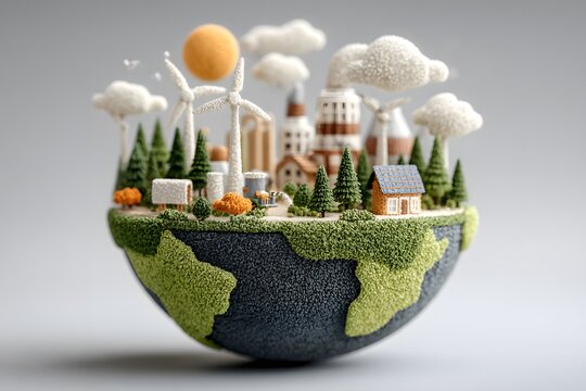 3D globe diorama environmental sustainability, green energy, and industrial pollution