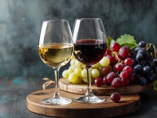 Fototapeta premium Red and white wine glasses with fresh grapes on wooden boards
