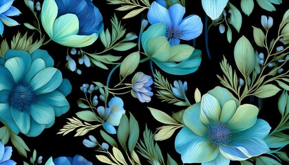 flowers in shades of blue and green on a black background watercolor flower seamless pattern watercolor print in rustic vintage style textile or wallpapers