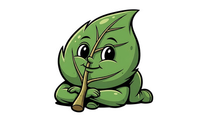 Fototapeta premium Green leaf mascot with a stick isolated on a transparent background