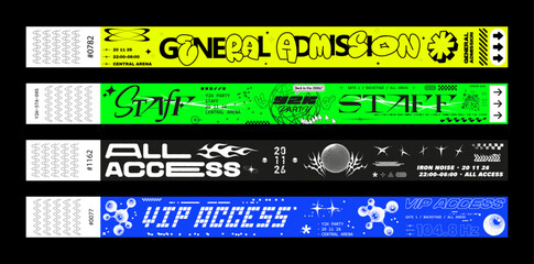 Obraz premium Y2K Event Ticket Wristband Set with VIP and All Access, Staff, General Admission Passes. Acid neon event wristband and ticket templates featuring. Y2K paper pass, admission, access. Vector set