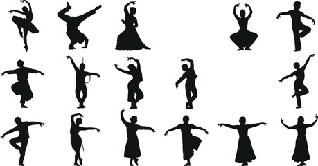 Dancing people black silhouettes set, including ballet dancers, hip-hop, and various traditional dance poses © Morsalin Creatives