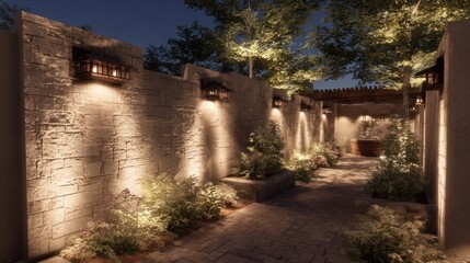 Naklejka premium Nighttime garden path, stone walls, lighting