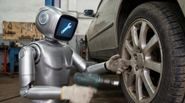 Robot mechanic repairing car wheel in garage. Humanoid robot sequence using drill tool on vehicle tire for automated automotive maintenance concept.