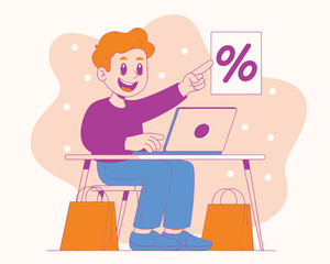 Fototapeta premium Man points to percentage sign and laptop, symbolizing online shopping deals and discounts with shopping bags.