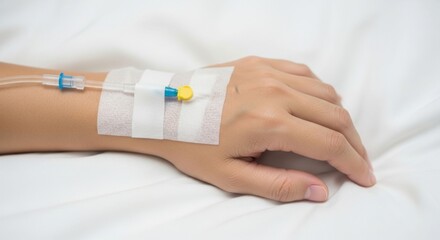 Fototapeta premium Patient's hand with IV drip in hospital bed, medical treatment and care