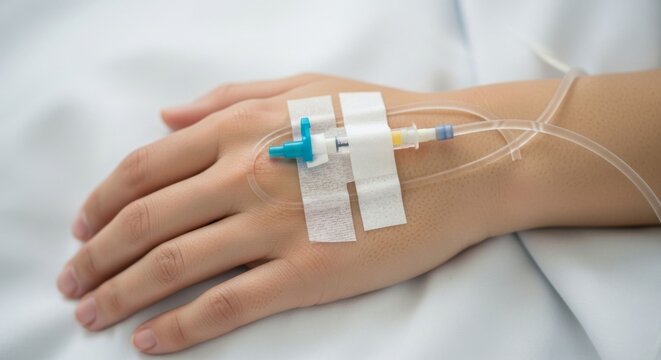 Patient's hand with IV drip in hospital bed, medical treatment and care