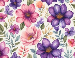 Obraz premium cute flowers in shades of purple and pink watercolor floral seamless pattern watercolor print in rustic vintage style textile or wallpapers