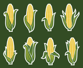 collection of corncob icons isolated on green background