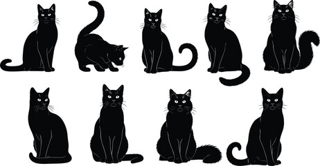 Cat silhouette vector illustration set, black white clipart of feline animal poses sitting crouching playing design, artwork bundle for pet themes © Anonto