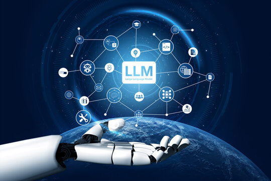 Large Language Model LLM processing data. Represents deep text learning, natural language processing NLP AI tech, transformer architecture, and generative AI deep learning future technology. Corpus