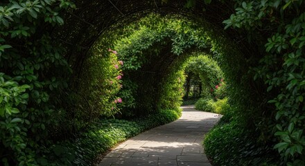 Fototapeta premium A winding stone walkway heavily shaded by dense overhead canopy and abundant lush green foliage, leading through a tranquil, hidden garden landscape, path, secluded, tropical