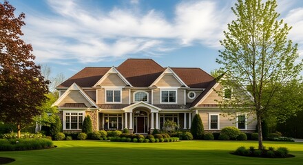 Elegant American traditional house with beige siding, brown roof, large windows, manicured lawn, beautiful landscaping, trees, and sunny sky