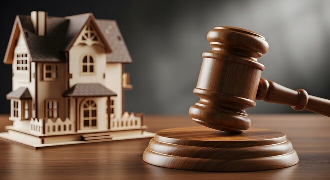 Auction gavel and house model symbolizing real estate sale legal dispute or property law services symbolizing house auction law and property rights concept