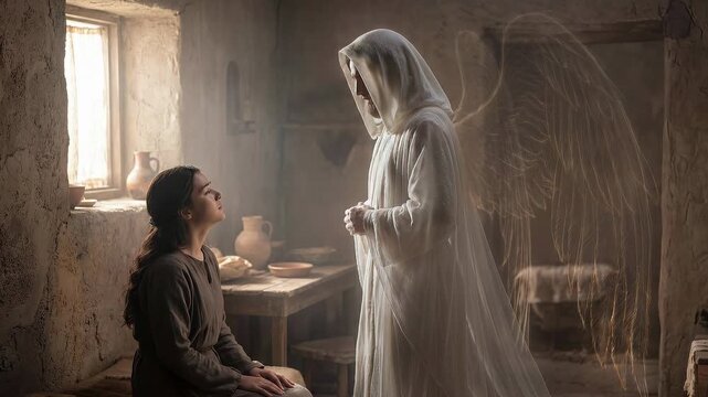 Woman encounters glowing angel in humble stone room. Angelic figure with wings appears and communicates divine message. Biblical annunciation spiritual visitation sequence