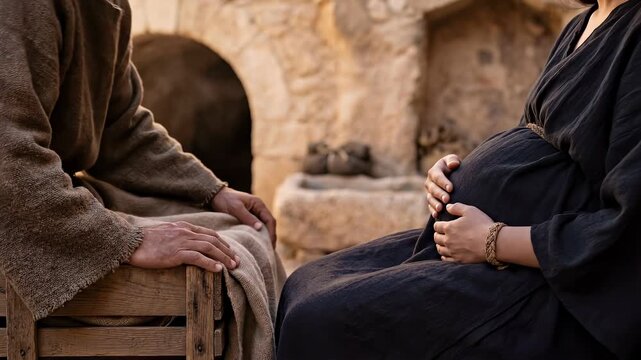 Elderly man conversing with pregnant woman in ancient stable. Biblical dialogue sequence showing anticipation and gentle interaction before birth.