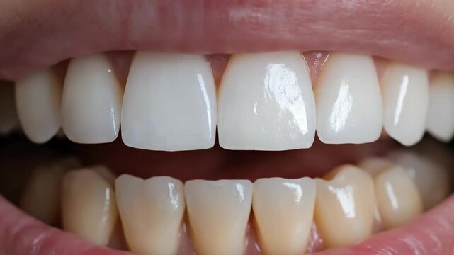 Detailed close up view of human dentition. Bright white upper teeth contrast with discolored yellowish lower enamel. An illustrative example of successful dental brightening for oral hygiene