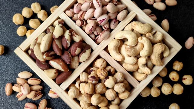 A box of cashews, hazelnuts, pistachios, and Brazil nuts as healthy food ingredients. A box of nuts as a backdrop for your design