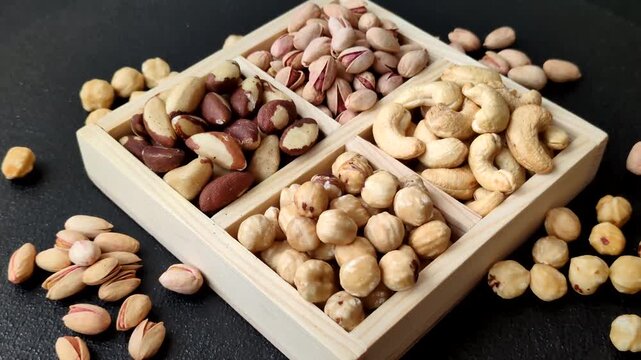 A box of cashews, hazelnuts, pistachios, and Brazil nuts as healthy food ingredients. A box of nuts as a backdrop for your design
