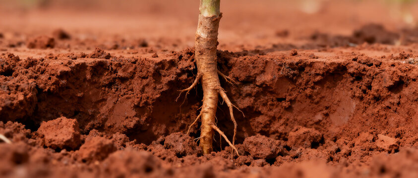 Plant root growing deep into red clay soil shown in a cross-section, demonstrating the growth process.