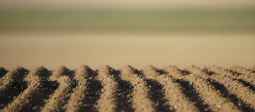 Close-up of even furrows in plowed earth in a field under warm evening light.