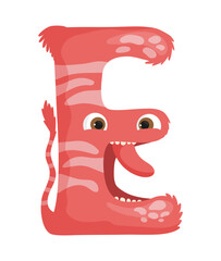 Vector illustration of a red monster letter E with stripes and a mouth. The character is colorful and designed for children's entertainment.