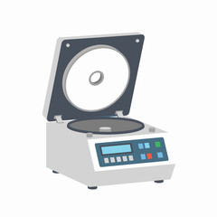 Fototapeta premium A laboratory centrifuge with its lid open, displaying its digital control panel and rotor inside.