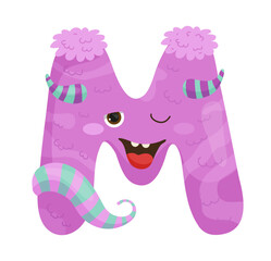 Vector illustration of a purple monster letter M with eyes and stripes. The character is funny and designed for children's books and games.
