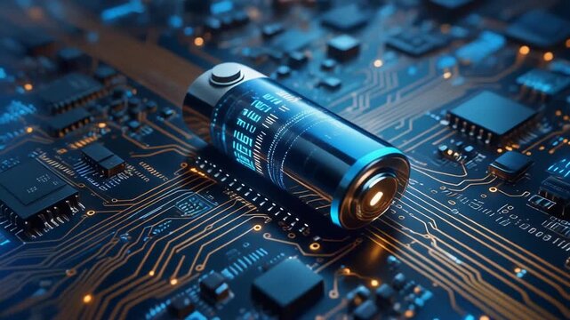 &ldquo;Futuristic cylindrical battery with glowing blue indicators placed on advanced electronic circuit board with microchips and copper traces.&rdquo;