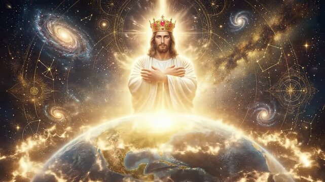 Jesus christ in cosmic glory with earth. Divine savior figure emerging from galaxies holding the world in radiant pose. Heavenly vision of redemption and universal power in ethereal space.
