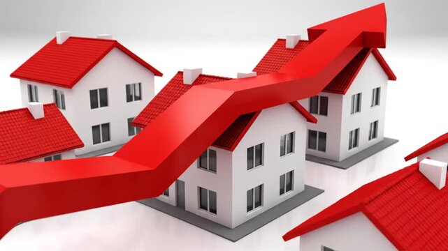 3D Render of Houses with Red Arrows.