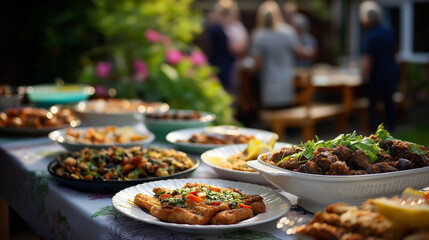 Obraz premium Table with different local dishes in backyard at friends party outdoor feast summer entertaining social gathering homemade food patio dining natural daylight defocused